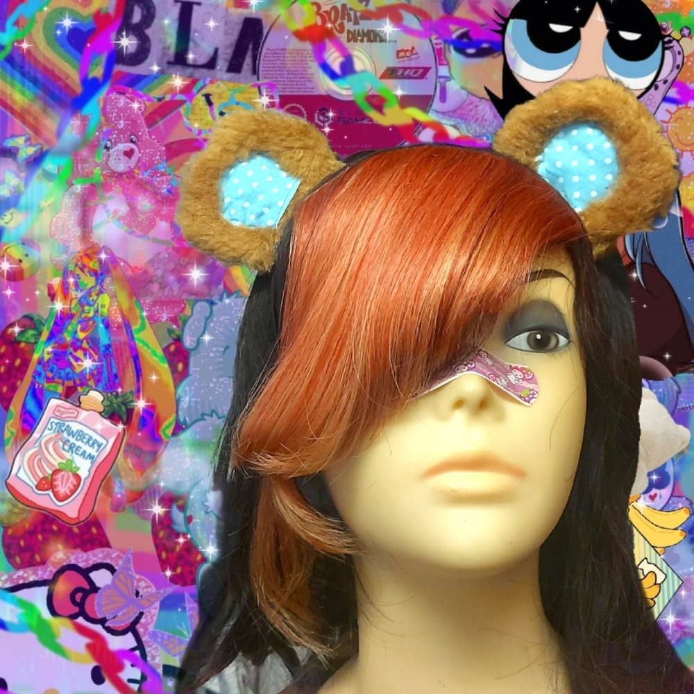 Bear ears blue and white polka dots head band